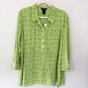 Ali Miles Womens Button Shirt Top Size 1X Artsy Office Geometric Flowy Green